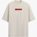 Camiseta com estampa frontal de texto "DESTROY" em fonte destacada e estampa traseira de personagens caricatos segurando potes de ervas e sal, com texto.
