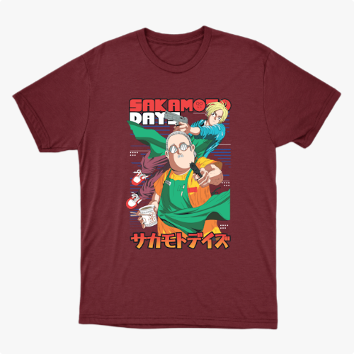 Camiseta com estampa frontal de dois personagens em estilo anime, um segurando café e outro apontando, com texto em japonês e inglês acima e abaixo.