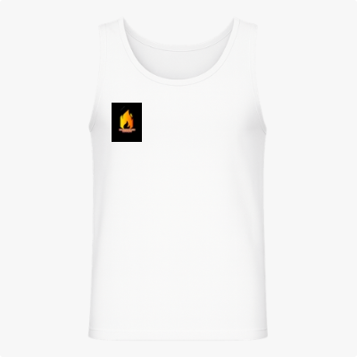 Camiseta regata com estampa frontal de uma pequena chama estilizada e estampa traseira de uma grande chama com texto na base, criando destaque visual.