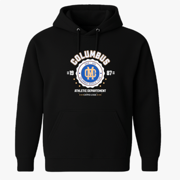 Moletom com estampa frontal de emblema esportivo centralizado, com texto "Columbus", ano "1987", estrelas e detalhes "Athletic Departement".