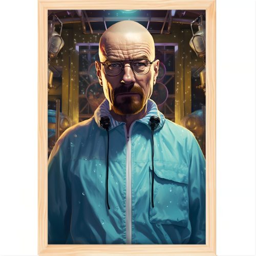 ```Quadro com estampa frontal de personagem careca com óculos, expressão séria, em ambiente industrial com equipamentos e detalhes circulares ao fundo.```