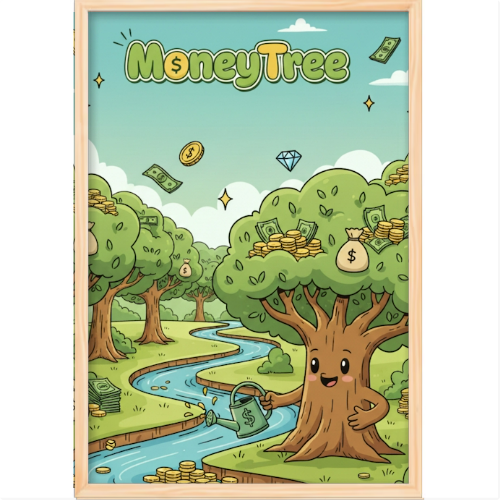 Quadro com estampa frontal de uma árvore antropomórfica segurando uma moeda, cercada por várias árvores com pilhas de dinheiro e um rio fluindo.