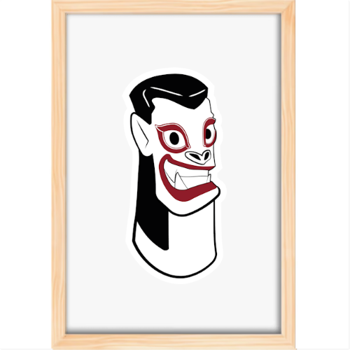 Quadro com estampa de um rosto estilizado, apresentando um sorriso largo e olhos expressivos, com detalhes em destaque que contrastam fortemente.