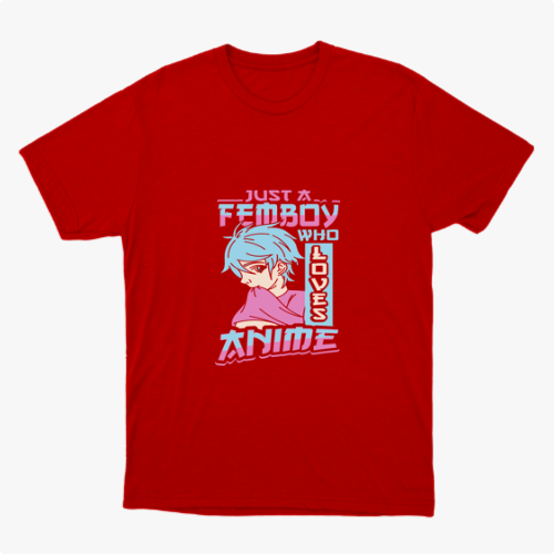 Camiseta com estampa frontal de personagem ilustrado em estilo anime com cabelo azul, vestindo camisa e texto impactante sobre amor por anime.
