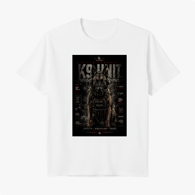 Camiseta com estampa frontal de um cão policial em uniforme tático, rodeado por textos como "K9 UNIT" e palavras como "LOYALTY", "DISCIPLINE", "FORCE".
