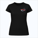 Camiseta com estampa frontal de logo estilizado com elemento circular e detalhes pontiagudos e estampa traseira de esfera central e orbitais entrelaçados.