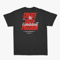 Camiseta com estampa frontal de "CREATE WITH PASSION" e "just ship it"; estampa traseira de "CREATE WITH PASSION Be Consistent" e textos motivacionais adicionais.