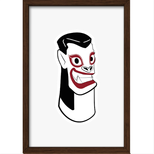 Quadro com estampa de um rosto estilizado, apresentando um sorriso largo e olhos expressivos, com detalhes em destaque que contrastam fortemente.