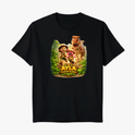 Camiseta com estampa frontal de exploradora ao lado de dinossauro e cachorro em cenário de selva, com o texto "Ayla a Caçadora de Dinos".