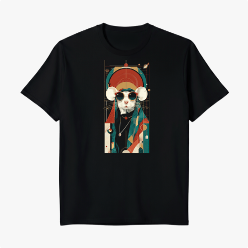 Camiseta com estampa frontal de um gato estilizado em trajes geométricos e óculos, com um fundo abstrato repleto de formas e elementos decorativos.