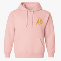 Moletom com estampa frontal de letras "AB" estilizadas com coroa e estampa traseira de personagem sorridente, vestido de preto, com cabelo trançado.