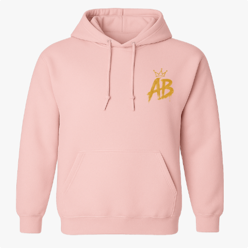 Moletom com estampa frontal de letras "AB" estilizadas com coroa e estampa traseira de personagem sorridente, vestido de preto, com cabelo trançado.