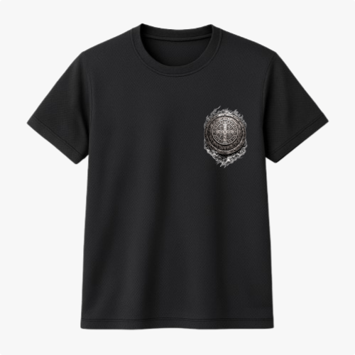 Camiseta com estampa frontal de símbolo circular ornamentado com detalhes intrincados e estampa traseira de texto sobreposto por símbolo em cima.