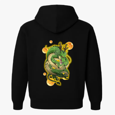 Moletom com estampa traseira de dragão oriental elaborado, envolto em esferas luminosas, adicionando um visual místico e detalhado à peça.