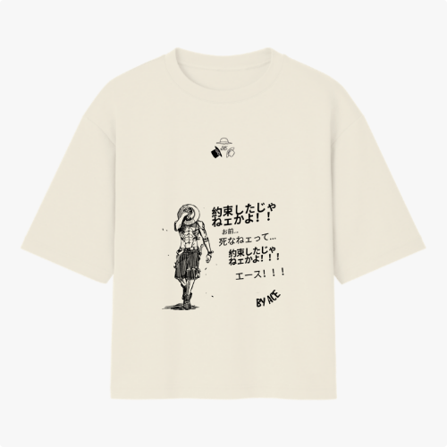 Camiseta com estampa frontal de personagem em pose reflexiva e texto japonês, e estampa traseira de quadrinhos com cenas de personagens e falas.