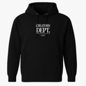 Moletom com estampa frontal de texto "CREATORS DEPT." em fonte estilizada, acompanhado por uma frase menor abaixo, incluindo um pequeno logotipo oval.