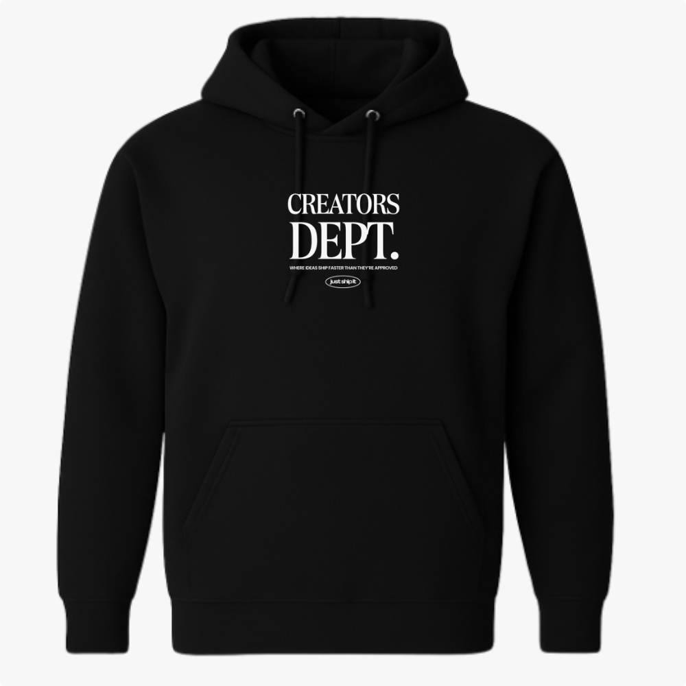 Moletom com estampa frontal de texto "CREATORS DEPT." em fonte estilizada, acompanhado por uma frase menor abaixo, incluindo um pequeno logotipo oval.