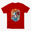 Camiseta com estampa frontal de máscara kitsune centralizada entre chamas e ondas, com kanjis japoneses e detalhes intricados de movimento e textura.