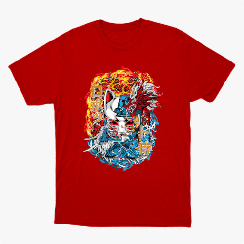 Camiseta com estampa frontal de máscara kitsune centralizada entre chamas e ondas, com kanjis japoneses e detalhes intricados de movimento e textura.