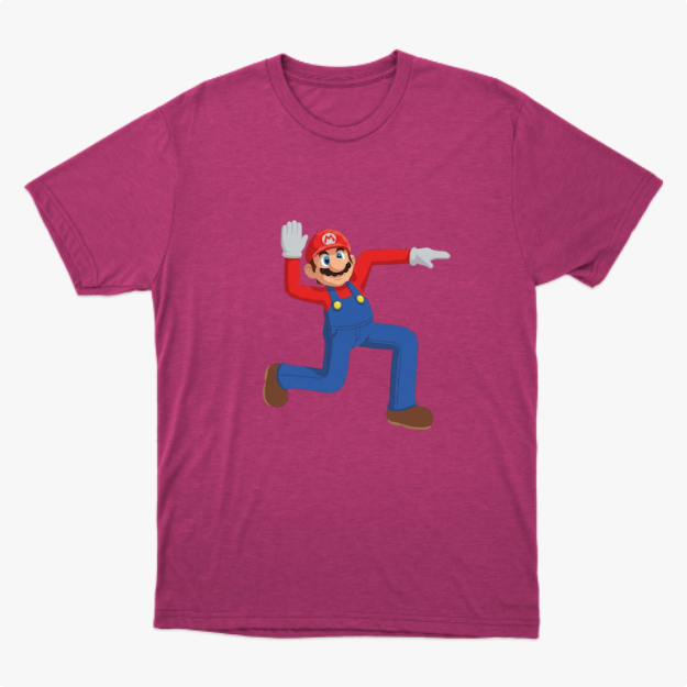 Camiseta com estampa frontal de um personagem icônico de macacão levantando uma mão aberta e apontando na outra direção, em posição alegre e animada.