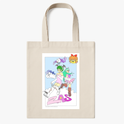 Ecobag com estampa frontal de duas personagens estilo anime em poses dinâmicas sobre nuvens, cercadas por pequenos animais e letras estilizadas.