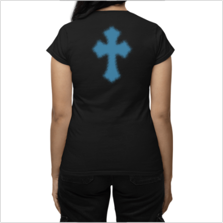 Camiseta com estampa frontal de texto estilizado "LIZZY CORP" acompanhado de um pequeno brilho e estampa traseira de uma cruz com detalhes pontilhados.