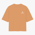 Camiseta com estampa frontal de logotipo discreto com texto pequeno e símbolo estilizado, e estampa traseira de pinguim surfando em onda com texto vibrante.