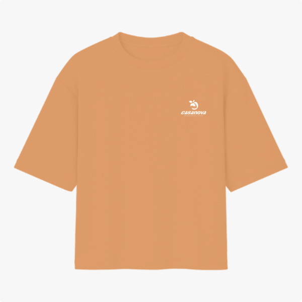 Camiseta com estampa frontal de logotipo discreto com texto pequeno e símbolo estilizado, e estampa traseira de pinguim surfando em onda com texto vibrante.