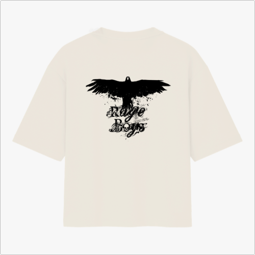 Camiseta com estampa frontal de caveira minimalista e estampa traseira de águia em voo com detalhes abstratos e texto estilizado "Rage Boys".