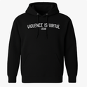 Moletom com estampa frontal de texto "VIOLENCE IS VIRTUE LEGIO" e estampa traseira de crânio perfurado por adaga vermelha, rodeado pelo mesmo texto.