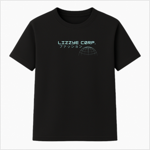 Camiseta com estampa frontal de texto "Lizzye Corp." seguido por caracteres japoneses, acompanhados de um gráfico de linhas formando uma semi-esfera futurista.