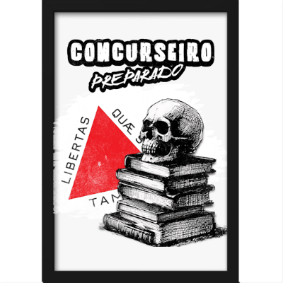 "Quadro com estampa de caveira sobre pilha de livros, triângulo vermelho ao fundo e frases em torno, destacando um estilo acadêmico e irreverente."