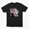 Camiseta com estampa frontal de diversos personagens de anime alinhados, exibindo expressões variadas, alguns com adereços únicos e poses dinâmicas.