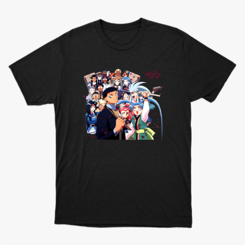 Camiseta com estampa frontal de diversos personagens de anime alinhados, exibindo expressões variadas, alguns com adereços únicos e poses dinâmicas.
