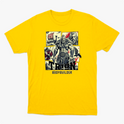 Camiseta com estampa frontal de um guerreiro musculoso em quadrantes, junto a um navio viking, escudo, espadas e texto "TRION BODYBUILDER".