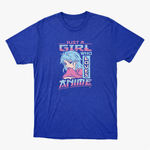 Camiseta com estampa frontal de ilustração de garota de cabelo azul e textos estilizados “Just a girl who loves anime” em fonte desenhada e moderna.