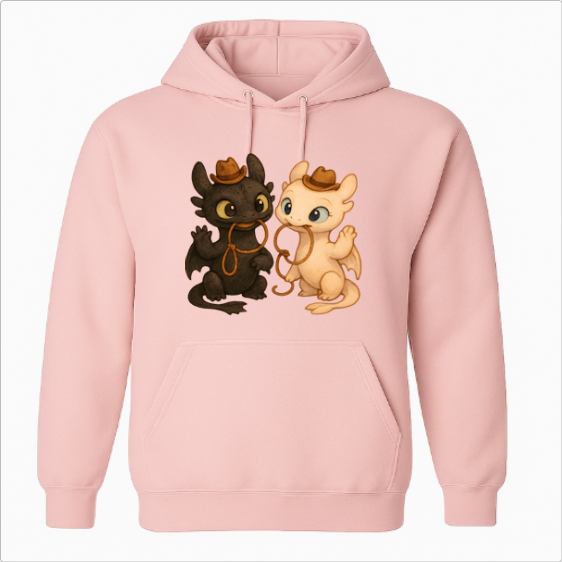 Moletom com estampa frontal de dois dragões caricatos usando chapéus de cowboy, interagindo de forma amigável enquanto seguram uma corda entre as patas.
