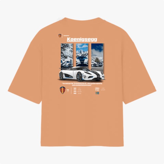 Camiseta com estampa frontal de carro esportivo sob montanhas nevadas, logo e informações técnicas da marca em destaque.