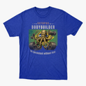 Camiseta com estampa frontal de polvo musculoso levantando pesos, rodeado por estrelas e letras, complementado por uma mensagem motivacional em inglês.