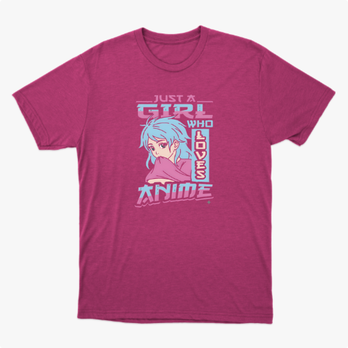 Camiseta com estampa frontal de ilustração de garota de cabelo azul e textos estilizados “Just a girl who loves anime” em fonte desenhada e moderna.