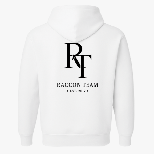 Moletom com estampa frontal de texto cursivo "Racoon Team" e lema, e estampa traseira de monograma "RT", "Raccon Team" e "Est. 2017" com setas.