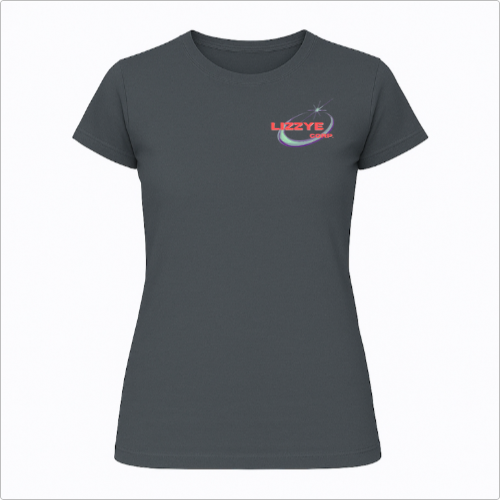 Camiseta com estampa frontal de logo estilizado com elemento circular e detalhes pontiagudos e estampa traseira de esfera central e orbitais entrelaçados.
