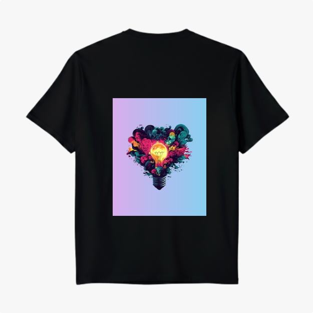 Camiseta com estampa frontal de retângulo gradiente e estampa traseira de lâmpada rodeada por explosão de cores vibrantes em fundo gradiente.