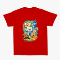 Camiseta com estampa frontal de uma inicial estilizada e estampa traseira com vários personagens icônicos de jogos e animações em um agrupamento vibrante.