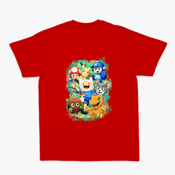Camiseta com estampa frontal de uma inicial estilizada e estampa traseira com vários personagens icônicos de jogos e animações em um agrupamento vibrante.
