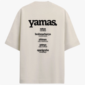Camiseta com estampa frontal de "asteya" e "NÃO ROUBAR" e estampa traseira de "yamas" com lista de palavras como "satya", "brahmacharya", "ahimsa", "asteya" e "aparigraha".