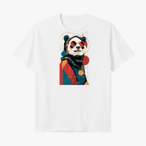 Camiseta com estampa frontal de panda estilizado usando óculos de sol, lenço no pescoço, sobre fundo geométrico com círculos e linhas abstratas.