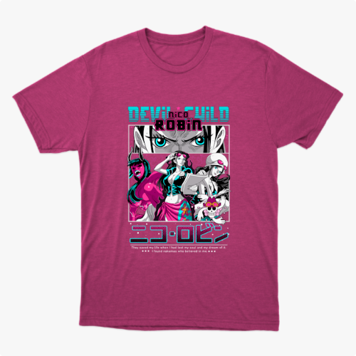 Camiseta com estampa frontal de personagem estilo mangá, com destaque para o olhar intenso acima de várias poses e figuras em ação, acompanhada por texto estilizado.