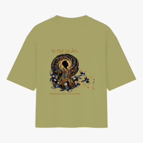 Camiseta com estampa frontal de design intrincado com elementos florais ao redor de texto e estampa traseira de figura mística centralizada com ornamentos detalhados.