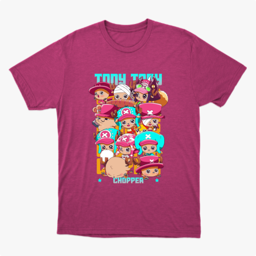 Camiseta com estampa frontal de personagens chibi usando diferentes chapéus rosa e azul, acompanhados de letras estilizadas em um tom vibrante.